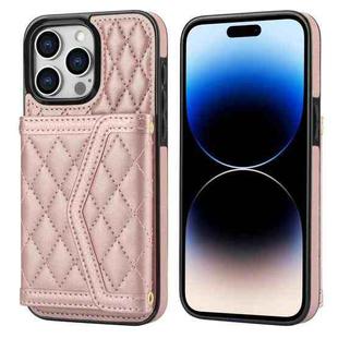 For iPhone 14 Pro Splicing Rhombic Texture Card Bag Phone Case with Long Lanyard(Rose Gold)