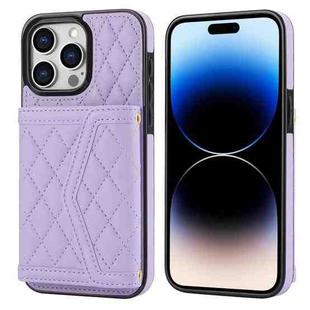 For iPhone 14 Pro Splicing Rhombic Texture Card Bag Phone Case with Long Lanyard(Purple)