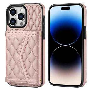 For iPhone 14 Pro Max Splicing Rhombic Texture Card Bag Phone Case with Long Lanyard(Rose Gold)