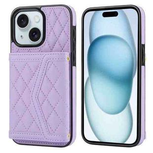For iPhone 15 Splicing Rhombic Texture Card Bag Phone Case with Long Lanyard(Purple)