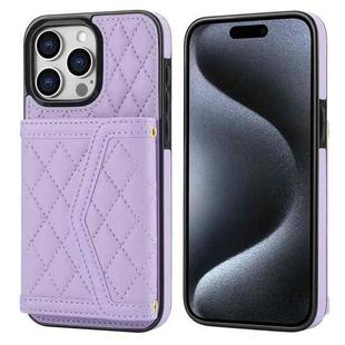 For iPhone 15 Pro Splicing Rhombic Texture Card Bag Phone Case with Long Lanyard(Purple)