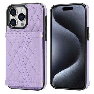 For iPhone 15 Pro Max Splicing Rhombic Texture Card Bag Phone Case with Long Lanyard(Purple)