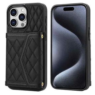 For iPhone 15 Pro Max Splicing Rhombic Texture Card Bag Phone Case with Long Lanyard(Black)