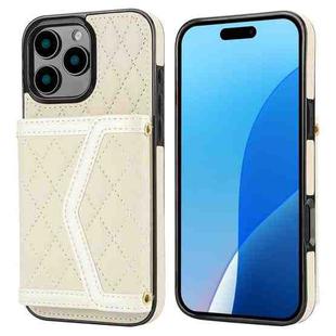 For iPhone 16 Pro Max Splicing Rhombic Texture Card Bag Phone Case with Long Lanyard(Beige)