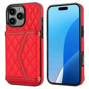 For iPhone 16 Pro Max Splicing Rhombic Texture Card Bag Phone Case with Long Lanyard(Red)