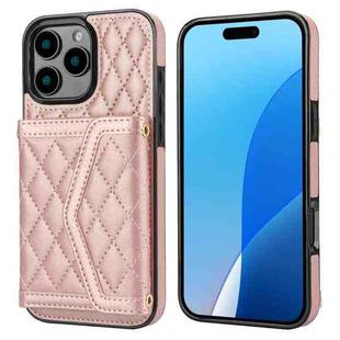 For iPhone 16 Pro Splicing Rhombic Texture Card Bag Phone Case with Long Lanyard(Rose Gold)