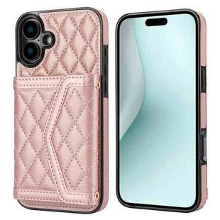 For iPhone 16 Plus Splicing Rhombic Texture Card Bag Phone Case with Long Lanyard(Rose Gold)