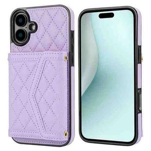 For iPhone 16 Plus Splicing Rhombic Texture Card Bag Phone Case with Long Lanyard(Purple)