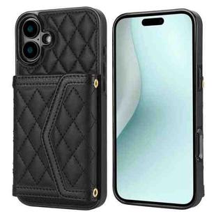 For iPhone 16 Plus Splicing Rhombic Texture Card Bag Phone Case with Long Lanyard(Black)