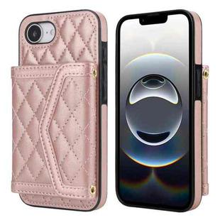 For iPhone 16e Splicing Rhombic Texture Card Bag Phone Case with Long Lanyard(Rose Gold)