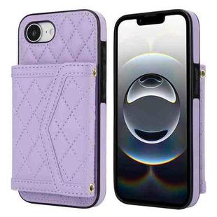 For iPhone 16e Splicing Rhombic Texture Card Bag Phone Case with Long Lanyard(Purple)