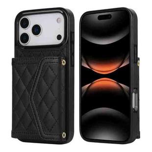 For iPhone 17 Pro Max Splicing Rhombic Texture Card Bag Phone Case with Long Lanyard(Black)