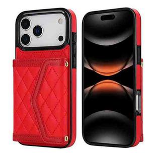 For iPhone 17 Pro Max Splicing Rhombic Texture Card Bag Phone Case with Long Lanyard(Red)