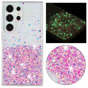 For Samsung Galaxy S24 Ultra 5G Transparent Frame Noctilucent Glitter Powder TPU Phone Case(Pink)