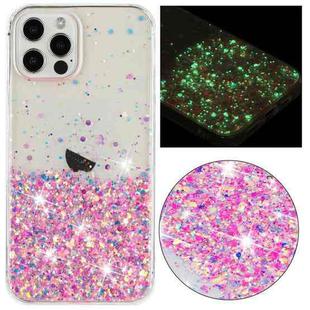 For iPhone 12 Pro Transparent Frame Noctilucent Glitter Powder TPU Phone Case(Pink)