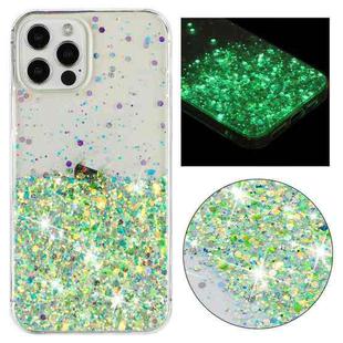 For iPhone 12 Pro Max Transparent Frame Noctilucent Glitter Powder TPU Phone Case(Green)