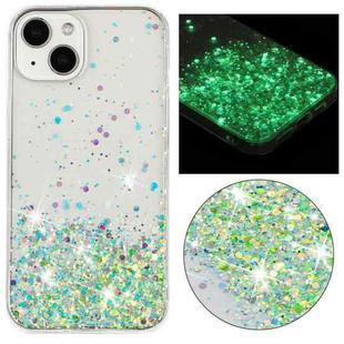 For iPhone 14 Transparent Frame Noctilucent Glitter Powder TPU Phone Case(Green)