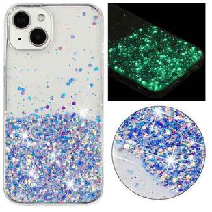 For iPhone 14 Plus Transparent Frame Noctilucent Glitter Powder TPU Phone Case(Purple)