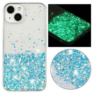 For iPhone 14 Plus Transparent Frame Noctilucent Glitter Powder TPU Phone Case(Blue)