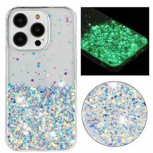 For iPhone 14 Pro Max Transparent Frame Noctilucent Glitter Powder TPU Phone Case(White)