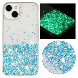 For iPhone 15 Plus Transparent Frame Noctilucent Glitter Powder TPU Phone Case(Blue)