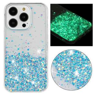 For iPhone 15 Pro Transparent Frame Noctilucent Glitter Powder TPU Phone Case(Blue)