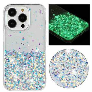 For iPhone 15 Pro Max Transparent Frame Noctilucent Glitter Powder TPU Phone Case(White)