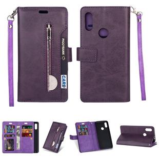 For Xiaomi Redmi 7 / Redmi Go Multifunctional Zipper Horizontal Flip Leather Case with Holder & Wallet & 9 Card Slots & Lanyard(Purple)