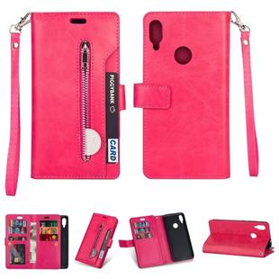 For Xiaomi Redmi Note 7 / Note 7 Pro / Note 7S Multifunctional Zipper Horizontal Flip Leather Case with Holder & Wallet & 9 Card Slots & Lanyard(Rose Red)