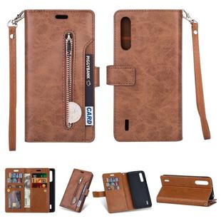 For Xiaomi Mi CC9 / Mi A3 Lite / Mi 9 Lite Multifunctional Zipper Horizontal Flip Leather Case with Holder & Wallet & 9 Card Slots & Lanyard(Brown)