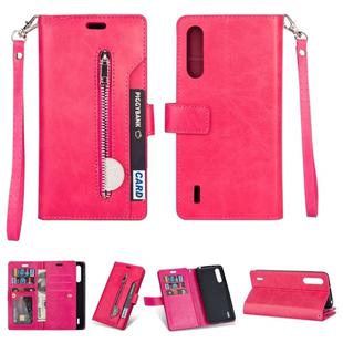 For Xiaomi Mi CC9 / Mi A3 Lite / Mi 9 Lite Multifunctional Zipper Horizontal Flip Leather Case with Holder & Wallet & 9 Card Slots & Lanyard(Rose Red)