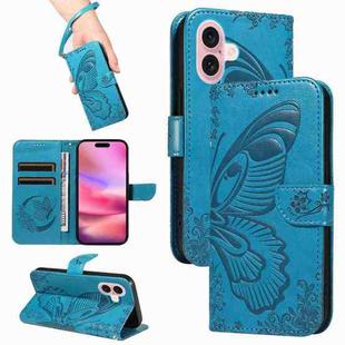For iPhone 16 Swallowtail Butterfly Embossed Leather Phone Case(Blue)