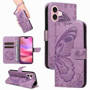 For iPhone 16 Swallowtail Butterfly Embossed Leather Phone Case(Purple)