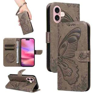For iPhone 16 Swallowtail Butterfly Embossed Leather Phone Case(Grey)