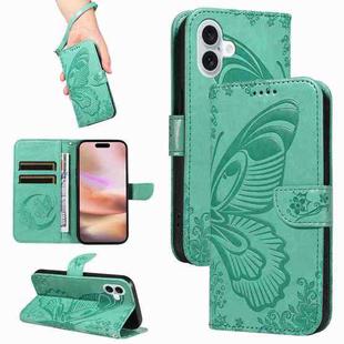 For iPhone 16 Plus Swallowtail Butterfly Embossed Leather Phone Case(Green)