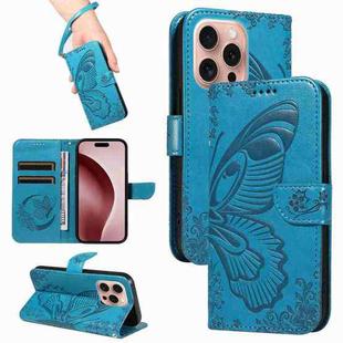 For iPhone 16 Pro Swallowtail Butterfly Embossed Leather Phone Case(Blue)