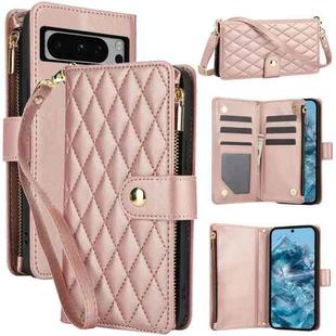 For Google Pixel 8 Pro YM016 Rhombic Zipper Card Wallet Leather Phone Case with Lanyard(Rose Gold)