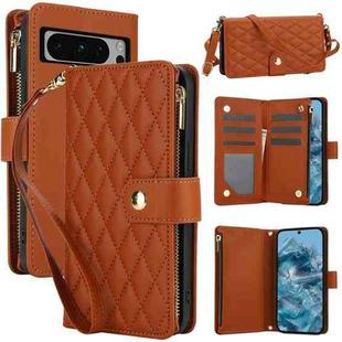 For Google Pixel 8 Pro YM016 Rhombic Zipper Card Wallet Leather Phone Case with Lanyard(Brown)