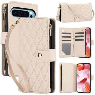 For Google Pixel 9 Pro XL YM016 Rhombic Zipper Card Wallet Leather Phone Case with Lanyard(Apricot)