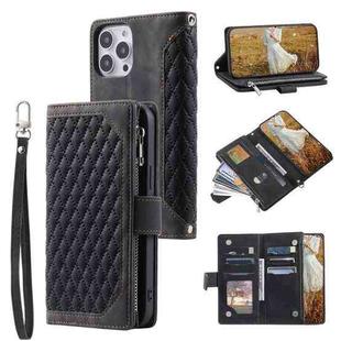 For Xiaomi Redmi 13 4G Grid Texture Zipper Leather Phone Case with Lanyard(Black)