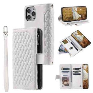 For Xiaomi Redmi 13 4G Grid Texture Zipper Leather Phone Case with Lanyard(White)