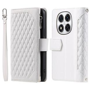 For Redmi Note 14 Pro 4G Grid Texture Zipper Leather Phone Case with Lanyard(White)