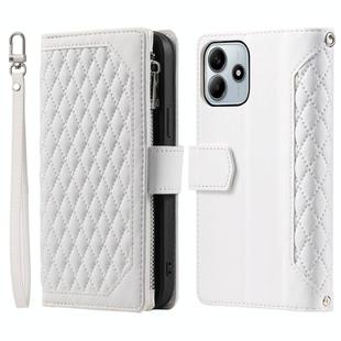 For Redmi Note 14 4G EU 164.84mm Grid Texture Zipper Leather Phone Case with Lanyard(White)