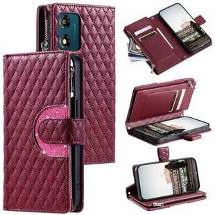 For Motorola Moto E14 Glitter Lattice Zipper Wallet Leather Phone Case(Wine Red)
