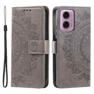 For Motorola Moto G85 Totem Flower Embossed Leather Phone Case with Lanyard(Grey)