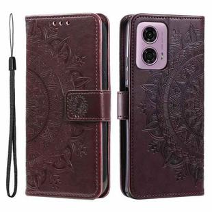 For Motorola Moto G85 Totem Flower Embossed Leather Phone Case with Lanyard(Brown)