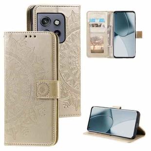 For Motorola Edge 50 Neo Totem Flower Embossed Leather Phone Case with Lanyard(Gold)