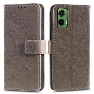 For Motorola Moto G35 Totem Flower Embossed Leather Phone Case with Lanyard(Grey)