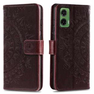 For Motorola Moto G35 Totem Flower Embossed Leather Phone Case with Lanyard(Brown)