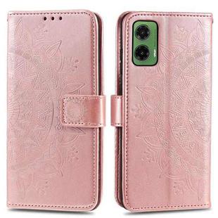 For Motorola Moto G35 Totem Flower Embossed Leather Phone Case with Lanyard(Rose Gold)